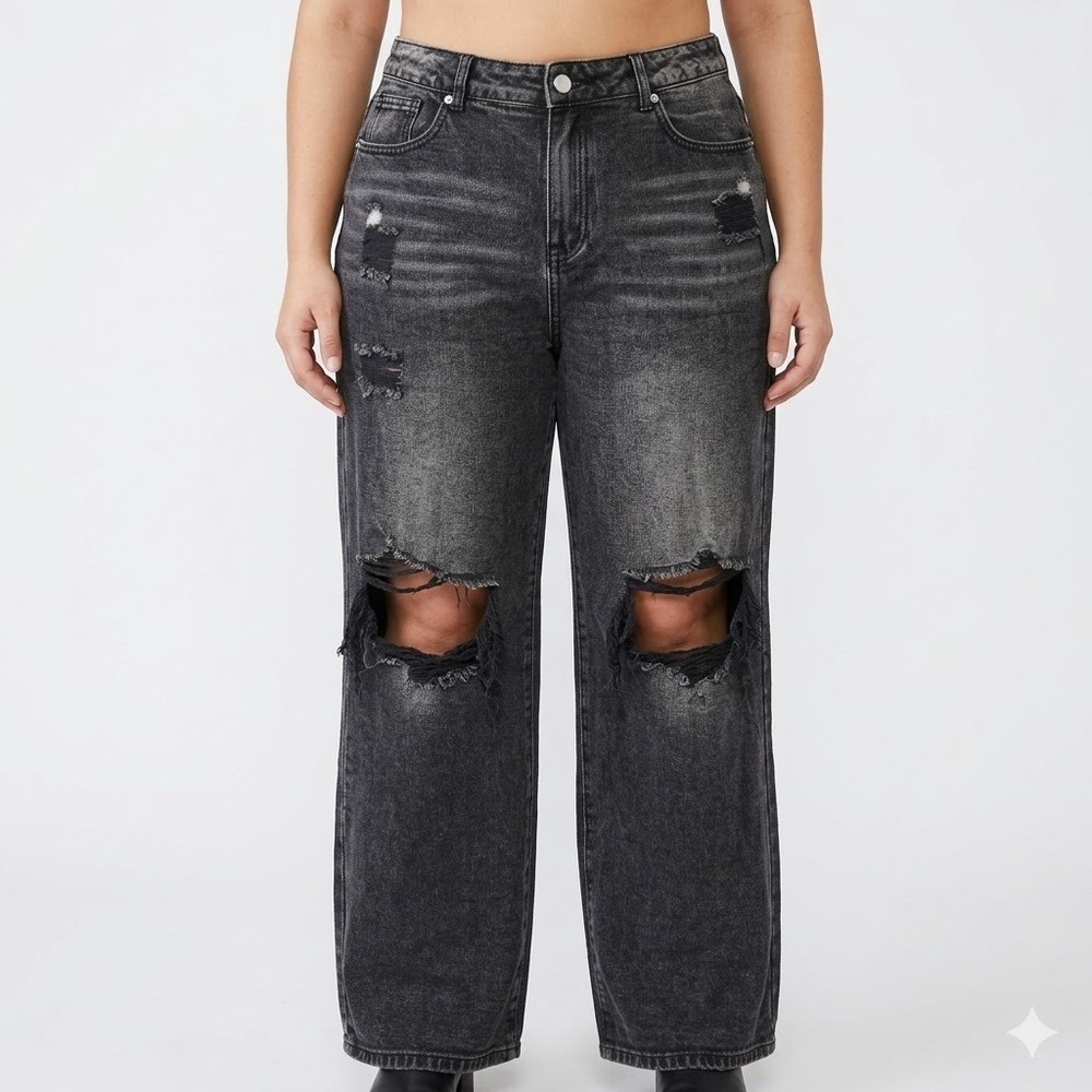 Cider‎ Premium Distressed Wide Leg Jeans Women's XL Black Acid Wash Grey Denim